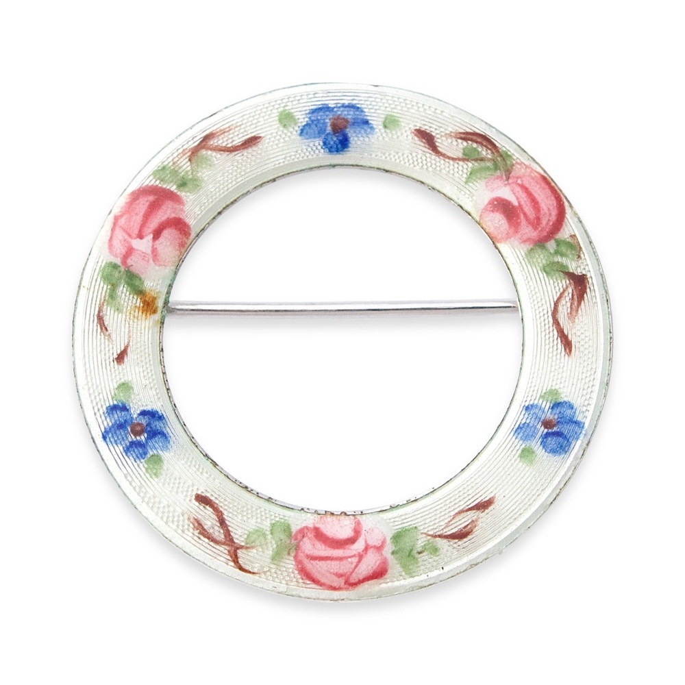 Vintage Guilloché Enamel Floral Circle Pin by La Mode Sterling Silver Brooch